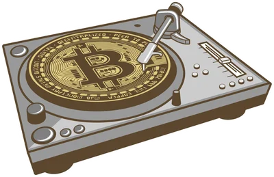 Hình ảnh minh họa mâm đĩa than DJ với đồng Bitcoin thay thế đĩa than, phong cách đồ họa.