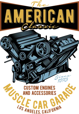 Hình minh họa động cơ xe hơi cơ bắp phong cách retro với dòng chữ The American Classic