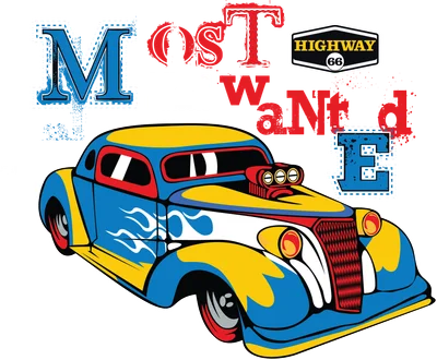 Hình ảnh xe cổ phong cách hot rod màu xanh dương, vàng, đỏ với họa tiết lửa, chữ 'Most Wanted' và 'Highway 66'