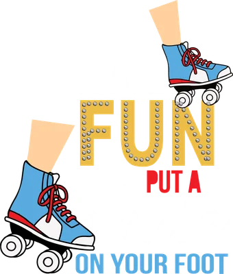 Hình ảnh minh họa hai chiếc giày patin màu xanh dương và đỏ, với dòng chữ 'MAKE FUN PUT A SKATE ON YOUR FOOT' trên nền xám.