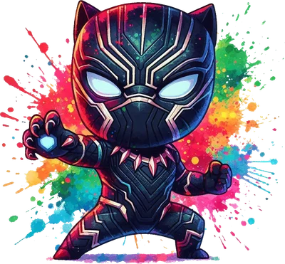 Hình ảnh chibi Black Panther trong bộ giáp đen vàng, mắt sáng xanh, tạo dáng chiến đấu trên nền hiệu ứng màu nước bắn tung tóe.