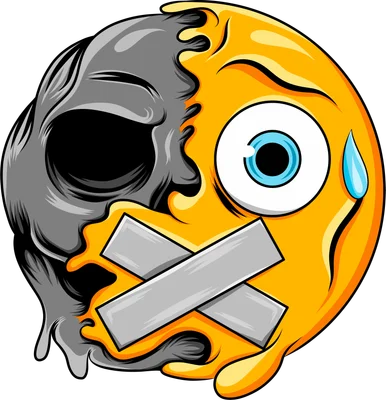 Hình minh họa emoji mặt cười tan chảy một nửa là đầu lâu, phong cách nghệ thuật độc đáo