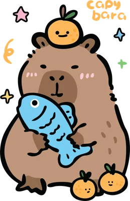 Hình vẽ capybara hoạt hình màu nâu dễ thương ôm cá xanh, đội cam trên đầu, nền xám với các ngôi sao nhỏ.