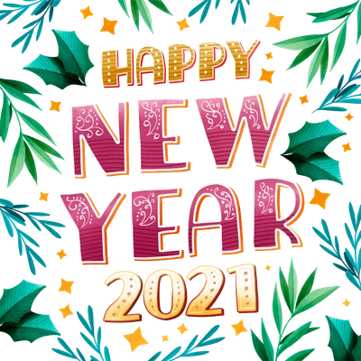 Chữ "Happy New Year 2021" cách điệu với lá cây và ngôi sao trên nền xám