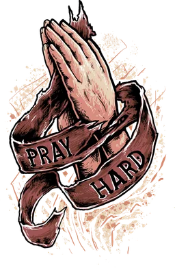 Hình ảnh đôi tay chắp lại cầu nguyện, quấn quanh bởi dải ruy băng có chữ "Pray Hard"