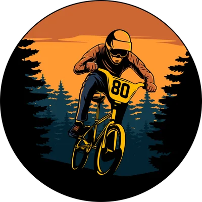 Hình minh họa vận động viên BMX đội mũ bảo hiểm, đeo kính, đạp xe số 80 trong rừng cây dưới ánh hoàng hôn cam vàng.