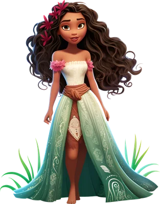 Hình ảnh công chúa Moana của Disney với váy xanh ngọc và hoa hồng cài tóc, tóc xoăn dài, nền xám.
