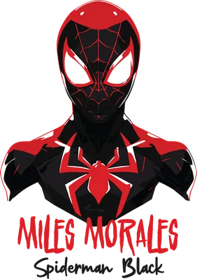 Hình ảnh Miles Morales Người Nhện Đen với bộ trang phục đen đỏ đặc trưng, biểu tượng nhện đỏ nổi bật.