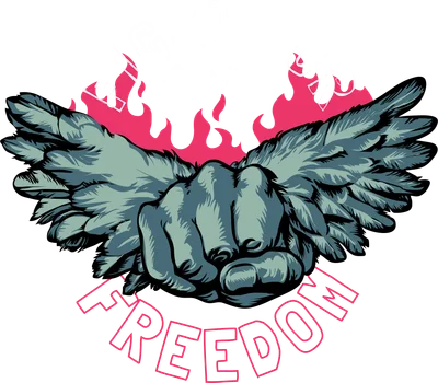 Hình minh họa nắm đấm có cánh màu xanh xám, ngọn lửa hồng và chữ 'FIGHT FOR FREEDOM' trên nền xám.