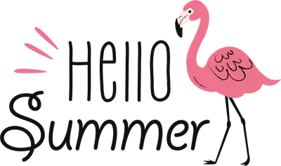 Hình ảnh minh họa chim hồng hạc màu hồng và dòng chữ 'Hello Summer' trên nền xám.