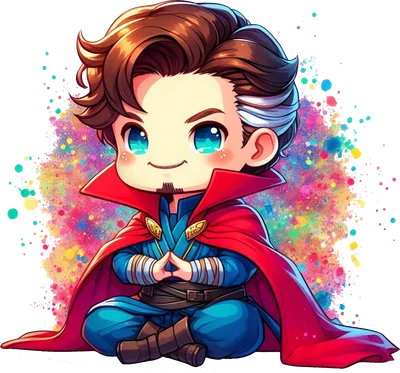 Doctor Strange chibi đáng yêu với áo choàng đỏ, phong cách hoạt hình