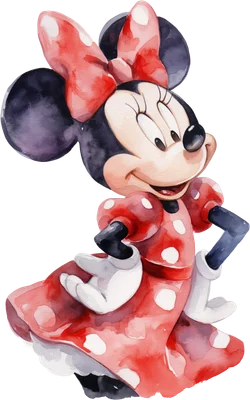 Hình minh họa Minnie Mouse đáng yêu với váy chấm bi đỏ, phong cách màu nước.