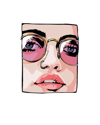 Hình minh họa chân dung cô gái đeo kính râm hồng, môi hồng, với thông điệp 'GIRL POWER' và 'GIRLS CAN DO ANYTHING' trên nền xám.