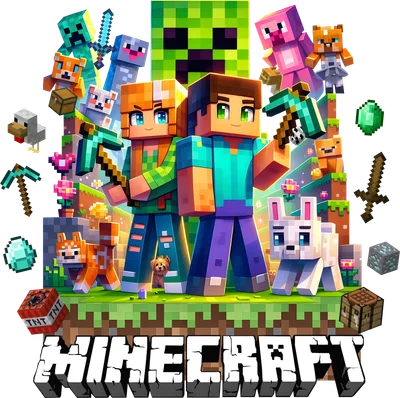 Hình ảnh nhân vật Minecraft Steve, Alex, Creeper cùng các sinh vật khác trên nền xám.