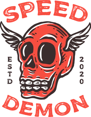 Hình ảnh đầu lâu quỷ màu đỏ cam với đôi cánh nhỏ, có chữ 'SPEED DEMON ESTD 2020' trên nền xám.