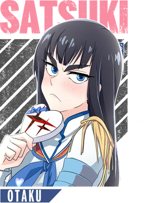 Hình ảnh Satsuki Kiryuin với mái tóc đen, mắt xanh, biểu cảm cau có, cầm trái tim có vết cắt.