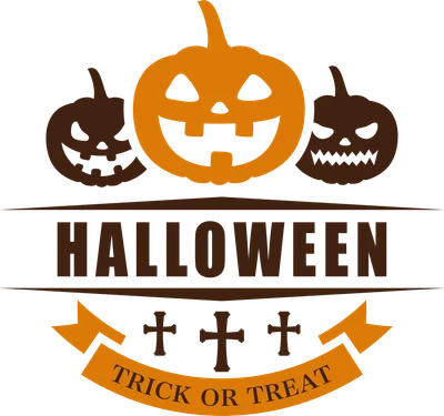 Biểu tượng Halloween với ba quả bí ngô cười và dòng chữ 'HALLOWEEN TRICK OR TREAT'