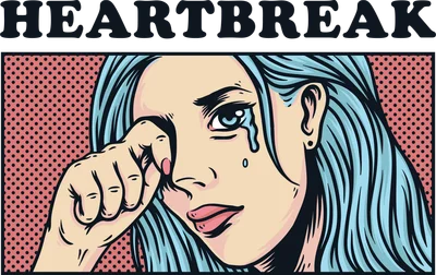 Hình minh họa cô gái khóc phong cách Pop Art với dòng chữ HEARTBREAK, phù hợp in áo thun