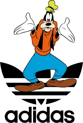 Hình ảnh chú chó Goofy của Disney với trang phục áo cam, quần xanh, mũ vàng đứng trên logo Adidas.