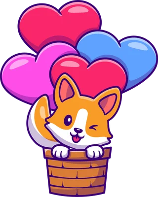 Hình ảnh minh họa một chú chó Corgi màu cam trắng dễ thương, nháy mắt, thè lưỡi, ngồi trong giỏ mây, phía trên có nhiều bóng bay hình trái tim màu hồng, đỏ và xanh dương.