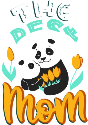 Hình ảnh gấu trúc mẹ ôm con, tay cầm bó hoa tulip vàng, chữ 'The Best Mom' cách điệu.