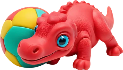 Hình ảnh 3D khủng long con màu đỏ dễ thương với đôi mắt xanh to, đang chơi đùa cùng quả bóng nhiều màu sắc trên nền xám.