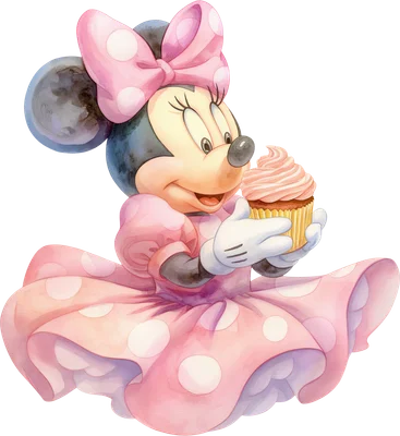 Minnie Mouse hoạt hình dễ thương mặc váy hồng chấm bi, cầm bánh cupcake kem hồng