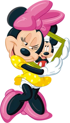 Minnie Mouse hoạt hình màu hồng và vàng ôm khung ảnh có hình Mickey Mouse trên nền xám.
