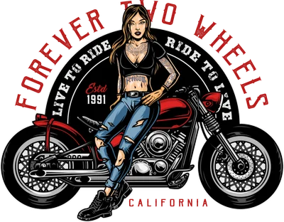 Hình ảnh cô gái phong cách biker ngồi trên xe mô tô cổ điển với dòng chữ Forever Two Wheels