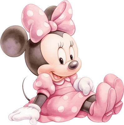 Hình ảnh Minnie Mouse hoạt hình ngồi cười tươi, mặc váy hồng chấm bi, nơ hồng lớn và găng tay trắng.