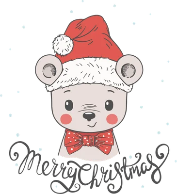 Hình vẽ gấu con đội mũ ông già Noel, đeo nơ đỏ chấm bi, có chữ Merry Christmas