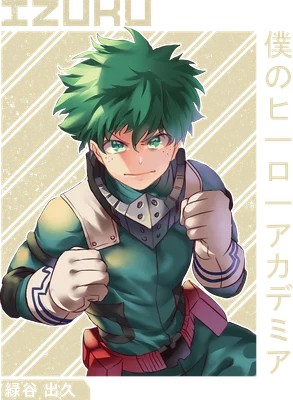 Hình vẽ anime Izuku Midoriya với mái tóc xanh lá, mắt xanh lá, mặc trang phục anh hùng, nắm chặt hai tay.