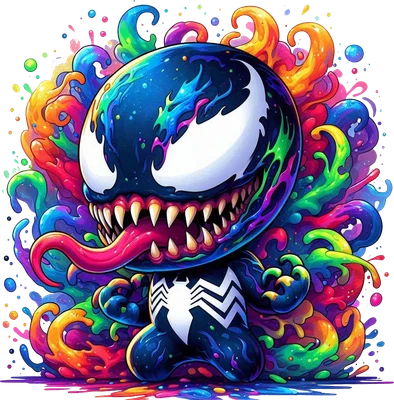 Hình ảnh Venom chibi với đôi mắt trắng, răng nanh sắc nhọn và lưỡi dài, bao quanh bởi các vệt màu sắc cầu vồng rực rỡ, phong cách hoạt hình.
