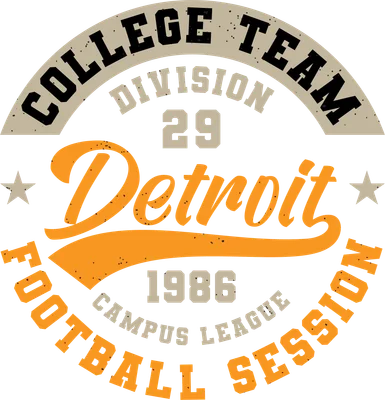 Thiết kế chữ phong cách vintage cho đội bóng bầu dục Detroit College Team, với các dòng chữ 'Detroit', 'Football Session', '1986', 'Division 29' và hai ngôi sao.