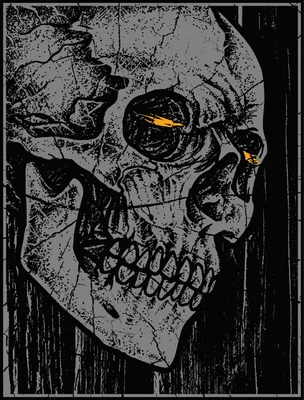 Hình minh họa đầu lâu phong cách grunge với mắt màu vàng cam trên nền đen