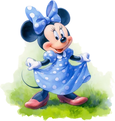 Hình ảnh Minnie Mouse hoạt hình đáng yêu mặc váy chấm bi xanh, nơ xanh, găng tay trắng và giày hồng, đứng trên nền cỏ xanh.