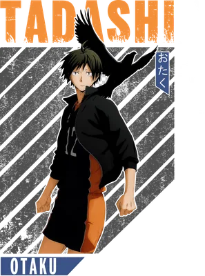Hình ảnh nhân vật anime Tadashi Yamaguchi từ Haikyuu với quạ đen trên vai, phong cách graphic.