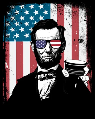 Abraham Lincoln đeo kính mát phản chiếu cờ Mỹ trên nền quốc kỳ Hoa Kỳ phong cách nghệ thuật bụi bặm