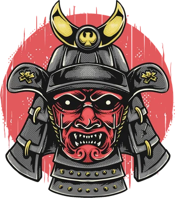 Hình ảnh mặt nạ Samurai Nhật Bản màu đỏ với biểu cảm dữ tợn, đội mũ giáp đen và vàng, trên nền đỏ và xám.