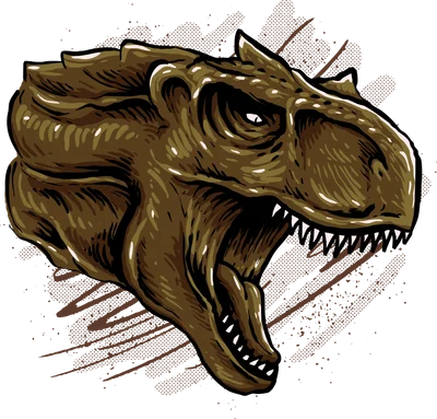 Hình ảnh đầu khủng long bạo chúa T-Rex màu nâu với hàm răng sắc nhọn, mắt dữ tợn.