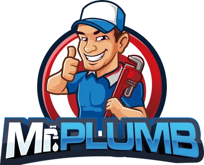 Logo thợ sửa ống nước Mr. Plumb vui vẻ giơ ngón cái, cầm cờ lê, đội mũ.