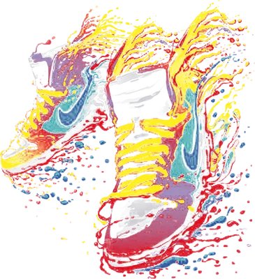 Hình ảnh hai đôi giày thể thao Nike với hiệu ứng màu sắc bắn tung tóe, tạo cảm giác năng động và sáng tạo.