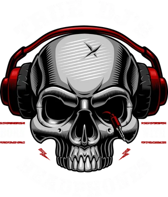 Hình minh họa đầu lâu đeo tai nghe DJ với dòng chữ True DJ's born with headphones