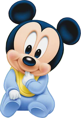 Hình ảnh Mickey Mouse phiên bản em bé, mặc bộ đồ liền thân màu xanh dương và yếm vàng, đang ngồi với vẻ mặt ngây thơ.