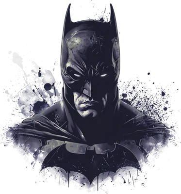 Hình minh họa chân dung Batman với mũ trùm đầu, mắt phát sáng, và hiệu ứng vệt mực đen trên nền xám.