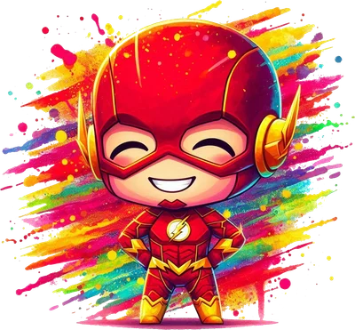 Hình ảnh chibi Flash siêu anh hùng DC Comics với trang phục đỏ vàng, biểu cảm vui vẻ, đứng trước nền màu nước sặc sỡ.