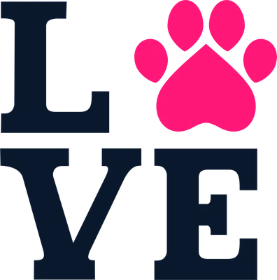 Chữ LOVE với chữ O được thay thế bằng hình chân chó màu hồng neon trên nền xám.