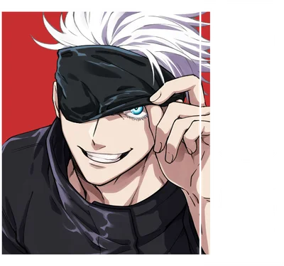 Hình vẽ nhân vật Gojo Satoru từ Jujutsu Kaisen, đeo băng mắt, lộ mắt xanh và cười nhếch mép.