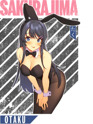 Hình ảnh cô gái anime tóc đen dài mặc trang phục tai thỏ đen, đeo nơ bướm, có chữ SAKURAJIMA và OTARU