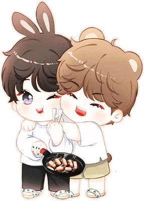 Hình vẽ chibi hai nhân vật, một người có tai thỏ, một người có tai gấu, đang ôm nhau và nướng tôm trên chảo.